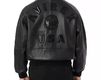 Avirex Black USA Icon Leather Bomber Jacket Genuine Cowhide Motorcycle Racing Jacket Vintage Style Cafe Racer Streetwear Gift for Him