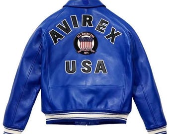 Avirex USA Edition Blue Leather Bomber Jacket Genuine Cowhide Leather Biker Jacket Varsity Style Iconic Avirex Jacket Birthday Gift for Him