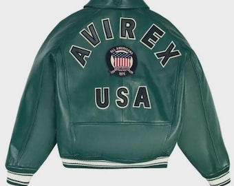 AVIREX USA Edition Icon Jacket in groene kleur militair bomberjack voor heren origineel leren bikerjack Streetwear verjaardagscadeau voor hem