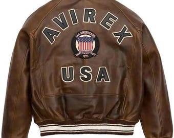 Bruin leren bomberjack van Avirex USA echt rundleder vluchtjack Vintage stijl geborduurd jack Streetwear voor heren Beste cadeau voor hem