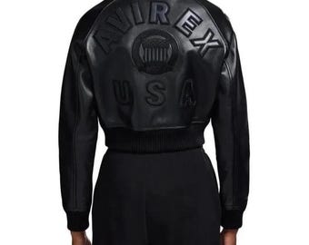 Avirex Cropped Icon Schwarze Lederjacke Damen Bomberjacke Echtes Rindsleder Varsity Style Streetwear Klassische Jacke Bestes Geschenk für Sie