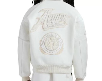 Avirex White Leather Bomber Jacket Gold Club Embroidered Logo Genuine Cowhide Perforated Biker Jacket Luxury Birthday Best Gift for Him