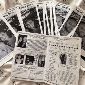 Può includere: Una collezione di programmi di nozze stampati in bianco e nero intitolati The Wedding Post, con fotografie di una coppia, una cronologia degli eventi, curiosità e un elenco dei membri del corteo nuziale, su uno sfondo di tessuto marchiato.