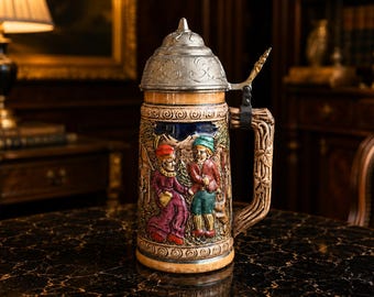 Vintage German Musical Beer Stein With Lid – Collectible Ceramic Beer Mug – Opens With Sound – Bavarian Barware Decor – Rustic Tavern Stein