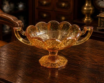 Vintage Murano Style Amber Art Glass Centerpiece Bowl, Hand Blown Italian Pedestal Fruit Bowl, Luxury Venetian Glass Decor, Mid Century