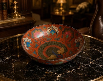 Vintage Handmade Indian Decorative Bowl – Hand Painted Brass Bowl – Boho Maximalist Home Decor – Colorful Folk Art Trinket Dish