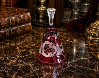 Vintage Ruby Red Glass Bell Bohemian Crystal Decor Etched Czech Style Art Glass Collectible Elegant Table Bell