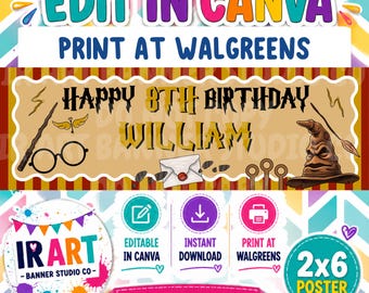 Wizard Birthday Banner Template | Editable Canva Sign (Digital Download) Walgreens Printable Banner | 2x6