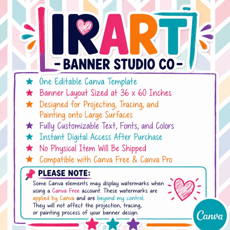 May include: A digital graphic for IRART BANNER STUDIO CO featuring a list of features for an editable Canva template. The text includes details about a 36 x 60 inches banner layout, projection and tracing capabilities, and Canva compatibility.