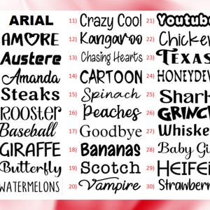 May include: A white background with a list of 30 words in black font. The words include "Arial", "Amore", "Austere", "Amanda", "Steaks", "Rooster", "Baseball", "Giraffe", "Butterfly", and "Watermelons".