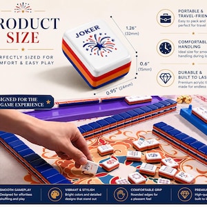 May include: A white, red, orange, and blue Mahjong set with the word "JOKER" and a firework design on the tile. The set includes tiles, racks, and a playing surface. The product size is 1.26" x 0.95" x 0.6".