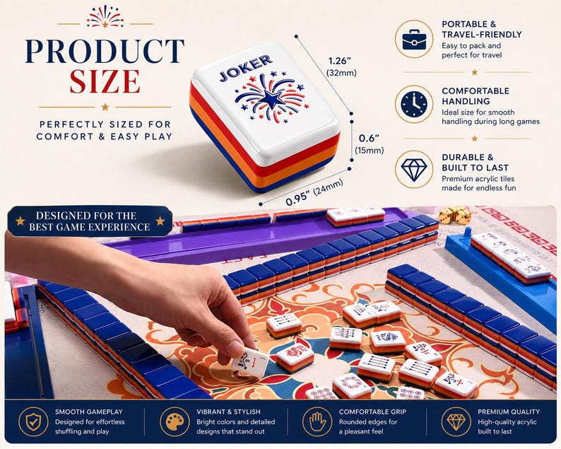 May include: A white, red, orange, and blue Mahjong set with the word "JOKER" and a firework design on the tile. The set includes tiles, racks, and a playing surface. The product size is 1.26" x 0.95" x 0.6".