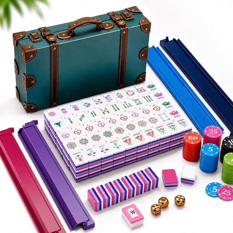 May include: A teal Mahjong set with a brown handle and accents, including tiles, racks, and chips. The tiles are white with colorful symbols. The set comes in a vintage-style suitcase. Dice and a tile holder are also included.