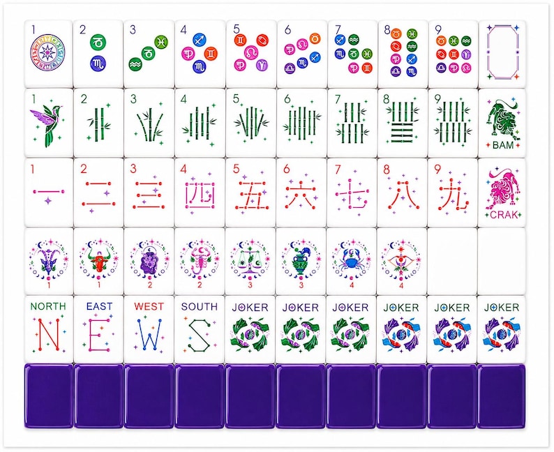 May include: A complete Mahjong set with white tiles featuring various symbols, numbers, and Chinese characters. The set includes tiles with suits, Jokers, and directional markers, all arranged on a purple base.