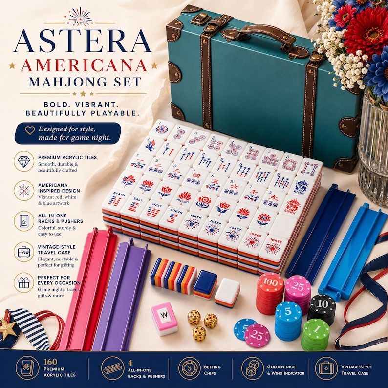 May include: An "Americana" Mahjong set with 160 premium acrylic tiles, racks, pushers, betting chips, and dice. The set includes a vintage-style travel case in teal with brown accents. The tiles feature red, white, and blue artwork.