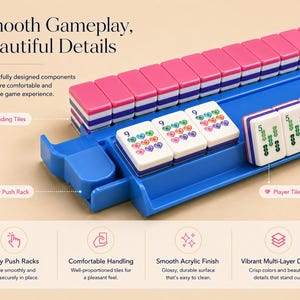 May include: A blue Mahjong game set with pink and white tiles. The set includes a blue rack with pink tiles, white tiles with heart symbols, and tiles with numbers. The text on the image reads "Smooth Gameplay, Beautiful Details."