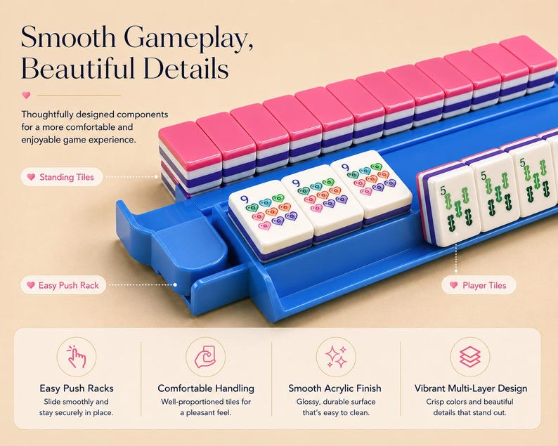 May include: A blue Mahjong game set with pink and white tiles. The set includes a blue rack with pink tiles, white tiles with heart symbols, and tiles with numbers. The text on the image reads "Smooth Gameplay, Beautiful Details."