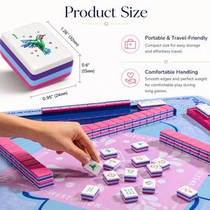 May include: A colorful Mahjong set with pink, purple, and blue tiles. The set includes a white tile with a hummingbird design. The product size is 1.26" (32mm) x 0.95" (24mm) x 0.6" (15mm). The game is portable and travel-friendly.