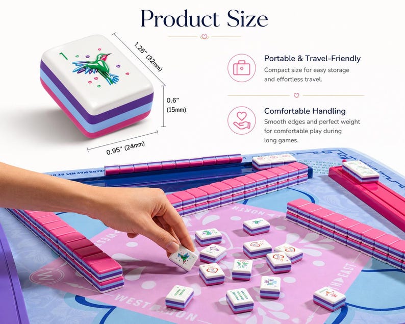 May include: A colorful Mahjong set with pink, purple, and blue tiles. The set includes a white tile with a hummingbird design. The product size is 1.26" (32mm) x 0.95" (24mm) x 0.6" (15mm). The game is portable and travel-friendly.