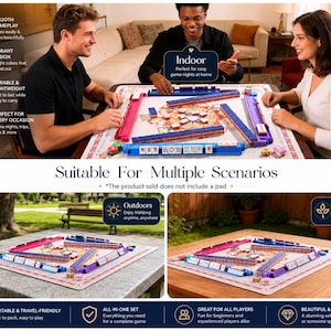 May include: A Mahjong game set with blue, red, and purple tiles is displayed on a table. The image shows people playing the game indoors and outdoors. The text on the image says "Suitable For Multiple Scenarios".