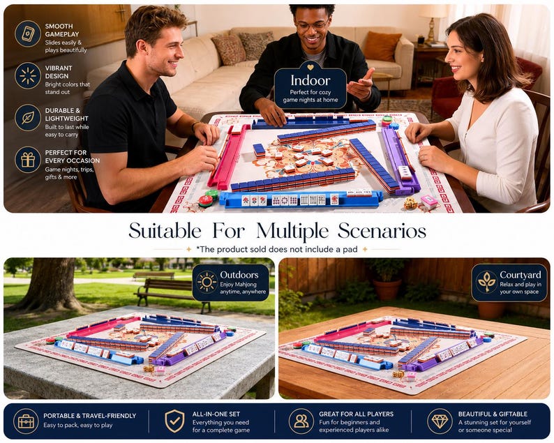 May include: A Mahjong game set with blue, red, and purple tiles is displayed on a table. The image shows people playing the game indoors and outdoors. The text on the image says "Suitable For Multiple Scenarios".