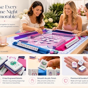May include: A group of three women playing Mahjong. The game set includes pink and purple racks, blue tile holders, and white tiles with colorful engravings. The text "Make Every Game Night Memorable" is at the top.