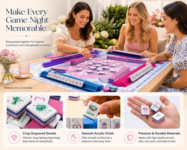 May include: A group of three women playing Mahjong. The game set includes pink and purple racks, blue tile holders, and white tiles with colorful engravings. The text "Make Every Game Night Memorable" is at the top.