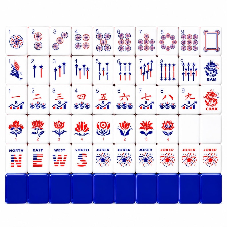 May include: A complete set of white Mahjong tiles with red and blue markings. The tiles feature various symbols, numbers, and Chinese characters. The set includes tiles marked with "BAM" and "CRAK", and "NORTH", "EAST", "WEST", "SOUTH", and "JOKER".