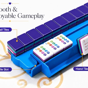May include: A blue Mahjong game set with purple and white tiles. The set includes a blue tray with labeled sections for wall tiles, hand tiles, and a tile slot. The text "Smooth & Enjoyable Gameplay" is displayed at the top.