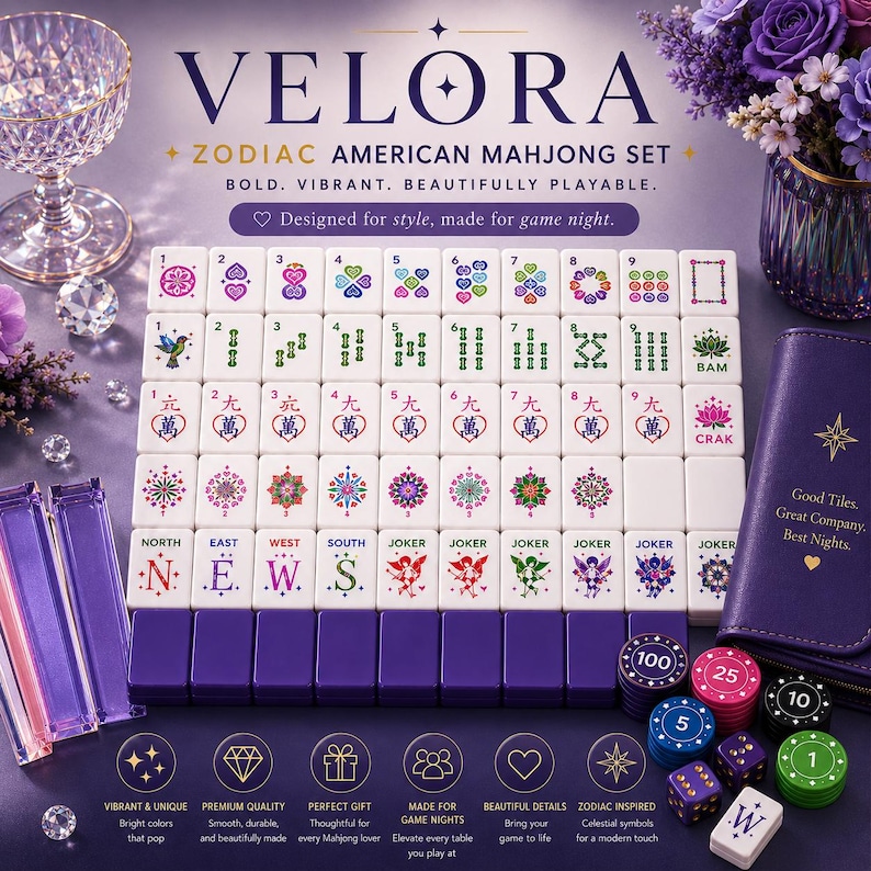 May include: A complete Velora Zodiac American Mahjong set. The set includes white tiles with colorful symbols, purple racks, dice, and chips. The text on the box reads "Designed for style, made for game night."