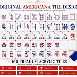 May include: A set of 160 premium acrylic Mahjong tiles with an Americana design. The tiles feature red, white, and blue artwork, including dots, bams, craks, dragons, and jokers. The set includes a blue tile holder.
