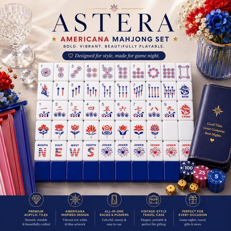 May include: Americana Mahjong set with vibrant red, white, and blue artwork. The set includes premium acrylic tiles, all-in-one racks and pushers, and a vintage-style travel case. Designed for style and game night.