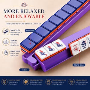 May include: A purple Mahjong tile rack with blue and orange wall tiles and hand tiles. The wall tiles are neatly stacked, and the hand tiles are easy to view. The rack is designed for smoother gameplay and is made of colorful and stylish materials.