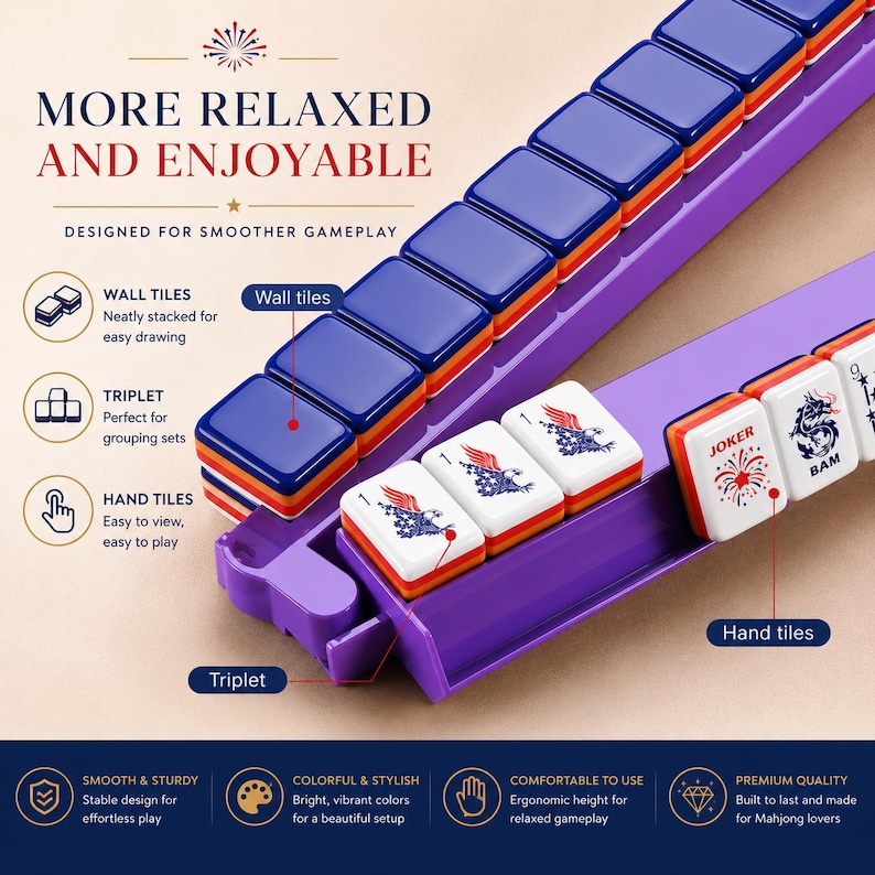 May include: A purple Mahjong tile rack with blue and orange wall tiles and hand tiles. The wall tiles are neatly stacked, and the hand tiles are easy to view. The rack is designed for smoother gameplay and is made of colorful and stylish materials.
