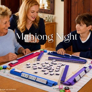May include: A Mahjong game set with blue, purple, and pink tile holders and tiles. The game is set up on a beige mat with the words "Mahjong Night" printed on it. The image shows three people playing the game.