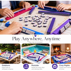 May include: A mahjong game set with purple, pink, and blue tile holders and tiles. The game is set up on a beige mat, with players' hands visible. The image includes the text "Play Anywhere, Anytime."