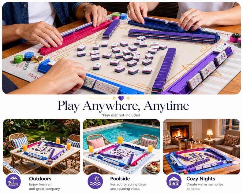 May include: A mahjong game set with purple, pink, and blue tile holders and tiles. The game is set up on a beige mat, with players' hands visible. The image includes the text "Play Anywhere, Anytime."