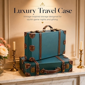 May include: Two teal vintage-inspired travel cases with brown leather accents and brass hardware. The cases are stacked on top of each other. The text "Luxury Travel Case" is at the top of the image.
