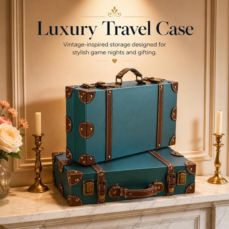 May include: Two teal vintage-inspired travel cases with brown leather accents and brass hardware. The cases are stacked on top of each other. The text "Luxury Travel Case" is at the top of the image.
