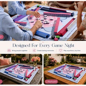 May include: A Mahjong game set with blue, pink, and purple components. The game is set up on a light blue mat with players interacting. The image includes the text "Designed For Every Game Night".
