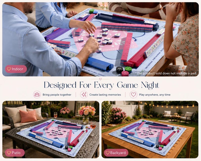 May include: A Mahjong game set with blue, pink, and purple components. The game is set up on a light blue mat with players interacting. The image includes the text "Designed For Every Game Night".