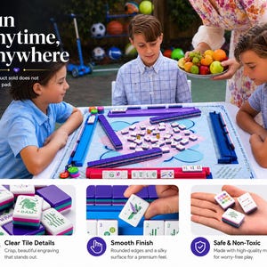 May include: A group of children playing a Mahjong game on a table. The game set features purple and blue components with white tiles. The image includes text that reads "Fun Anytime, Anywhere".