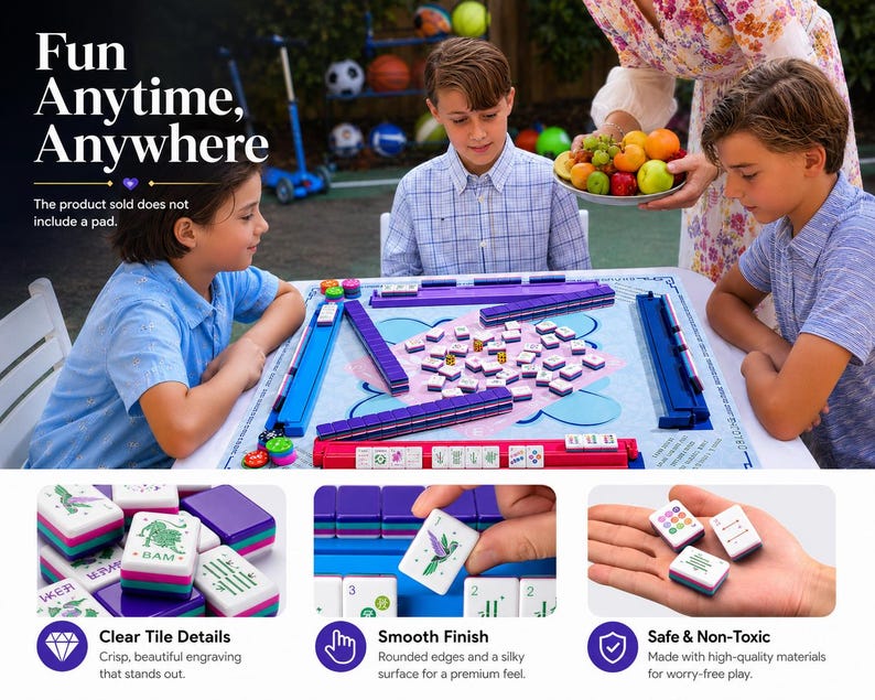 May include: A group of children playing a Mahjong game on a table. The game set features purple and blue components with white tiles. The image includes text that reads "Fun Anytime, Anywhere".