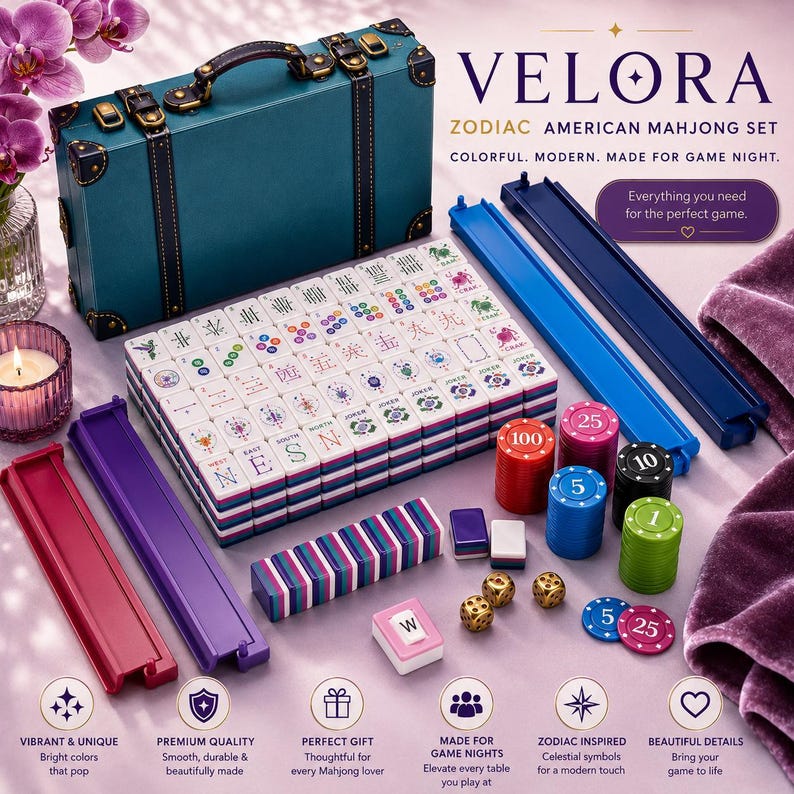 May include: A teal Zodiac American Mahjong Set with a matching carrying case, tiles, racks, and chips. The set includes dice and is designed for game nights. The text on the box reads "Colorful. Modern. Made for game night."