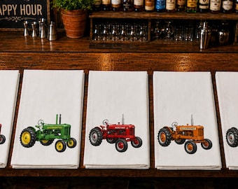 Midcentury Farm Tractor Cocktail Tea Towels | Harvest Happy Hour | Gimlet | Grasshopper | Martini | Old Fashioned | Tom Collins
