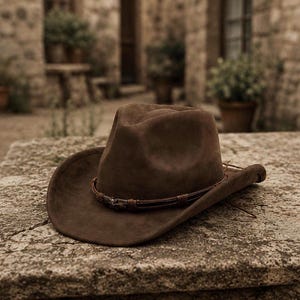 Può includere: Un cappello da cowboy in feltro marrone scuro con corona pizzicata e tesa larga e curva. Il cappello è decorato con una sottile fascia in pelle marrone scuro che avvolge la base della corona, con un piccolo ornamento metallico a forma di stella.