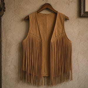 Boho Fringe Vest ,Women Western Cowgirl Vest, Nubuck Look Texture, Tassel Vest Boho Jacket Country, Elegant Top Intemporel