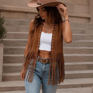 Western vest met franjes voor dames, boho cowgirl vest, lange mouwloze jas met kwastjes, suède look, festival outfit, boho stijl