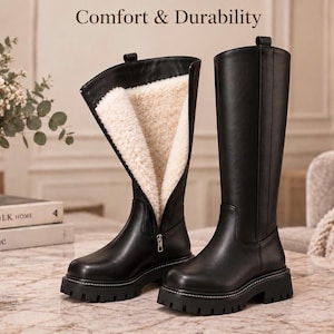 May include: A pair of black knee-high boots with a thick lug sole and a side zip. The left boot is partially unzipped, revealing a thick, cream-coloured faux shearling lining. The text "Comfort & Durability" is visible at the top of the image.