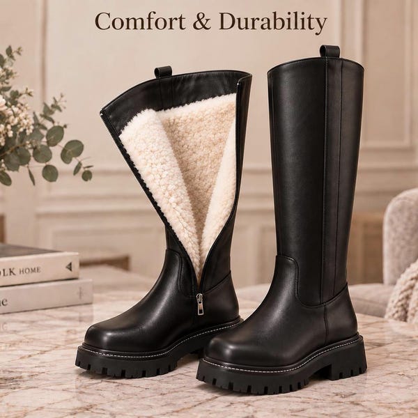 Women Leather Knee High Boots, Warm Lined Black Winter Boots, Chunky Sole Tall Boots, Side Zip Low Heel Riding Boots
